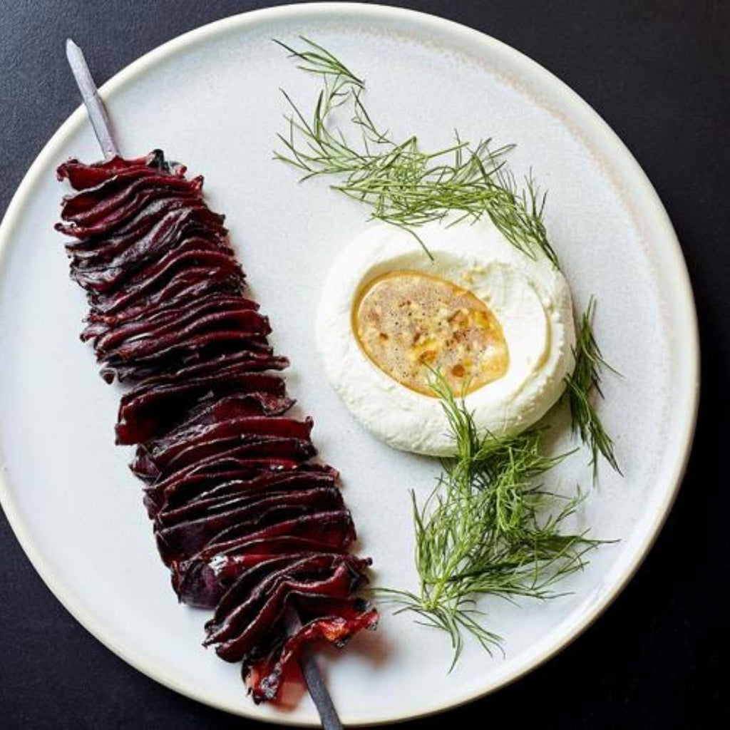 Beetroot kebabs with labne and dukkah