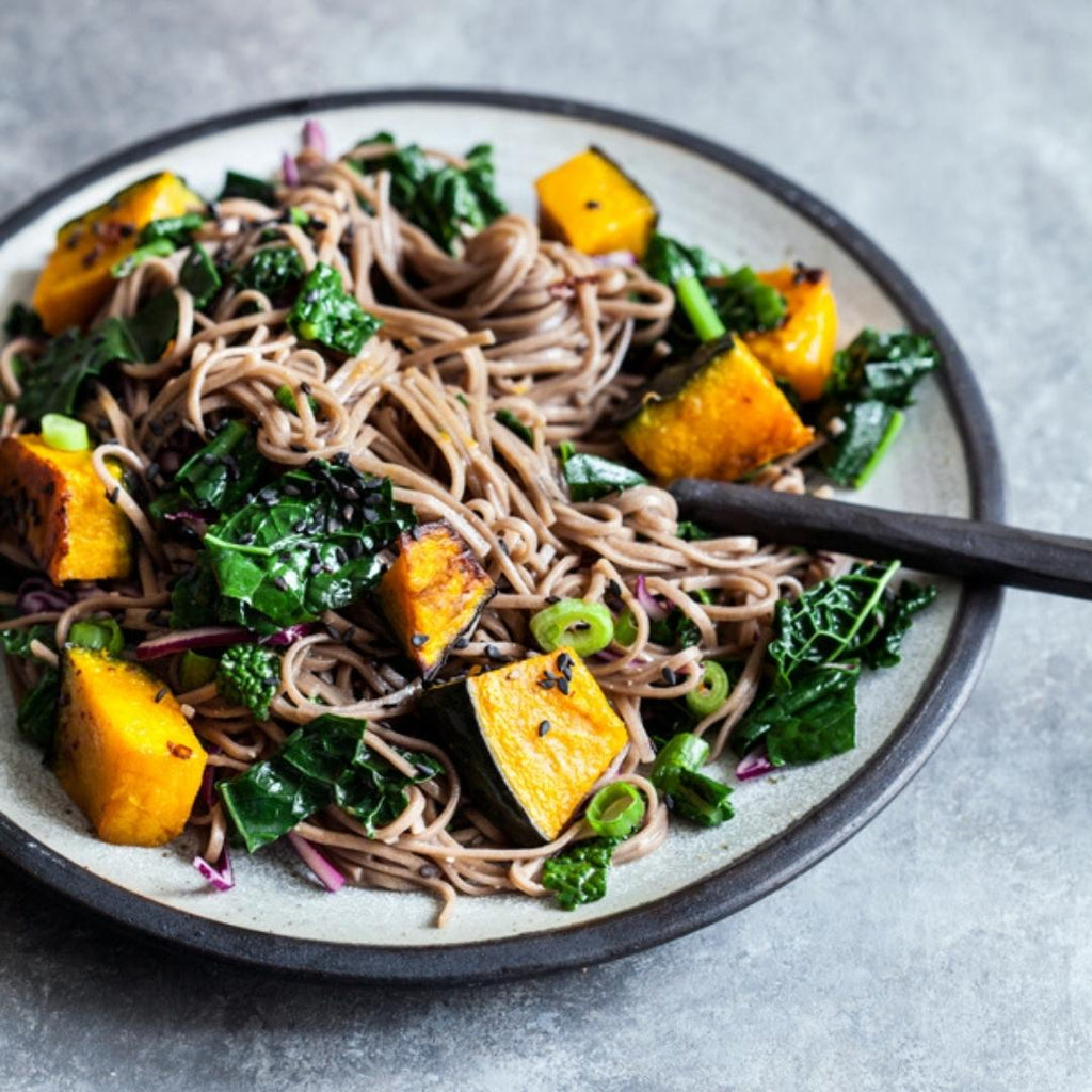 Japanese Pumpkin and Kale Miso Sesame Soba Salad