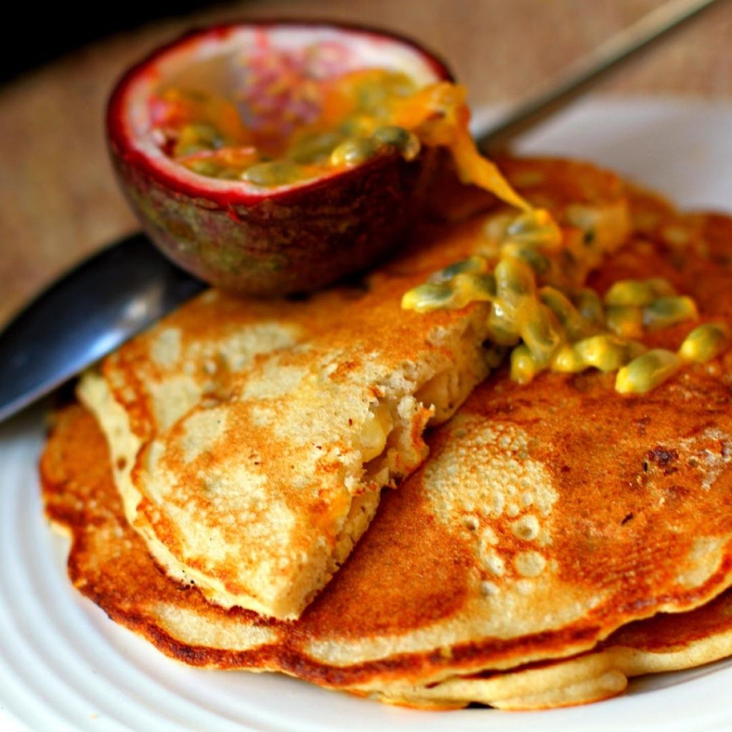 Buckwheat, Banana and Passion Fruit Pancakes