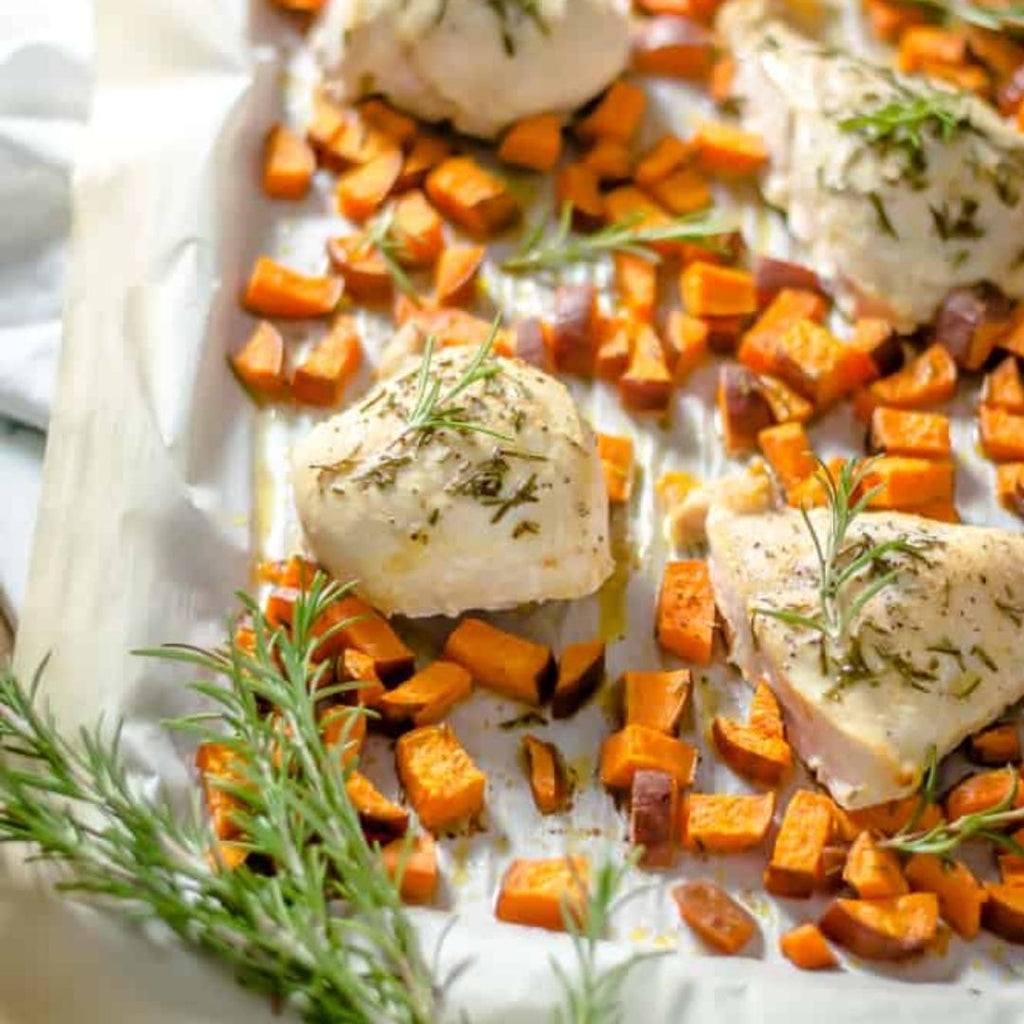 One Sheet Rosemary Baked Chicken and Sweet Potatoes