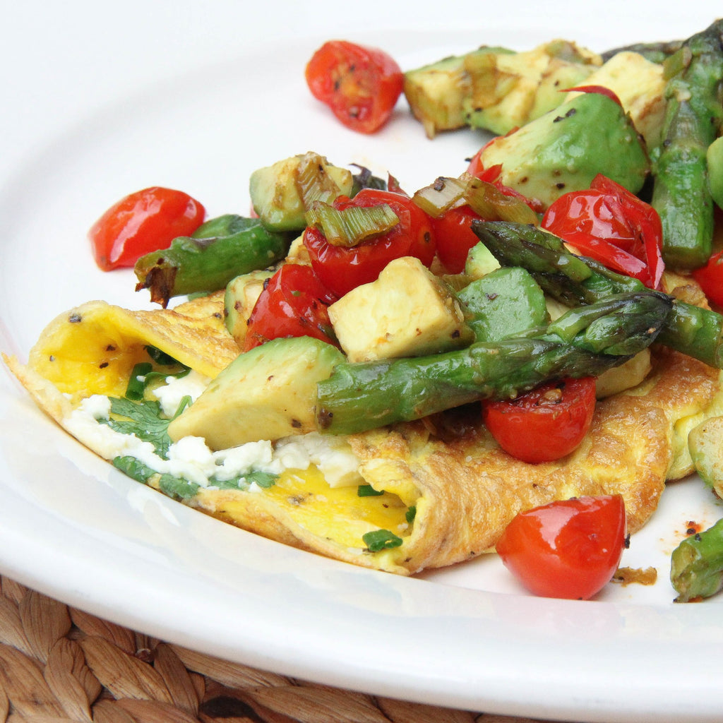 Fresh Herb and Feta Omelette with Warm Avocado, Cherry Tomato and Asparagus Salsa