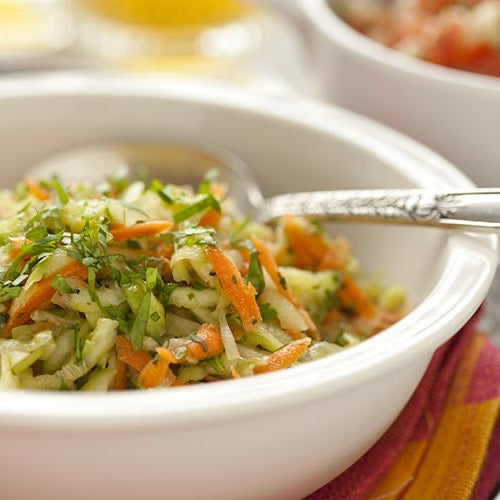 Carrot and cucumber salad with creamy tahini dressing